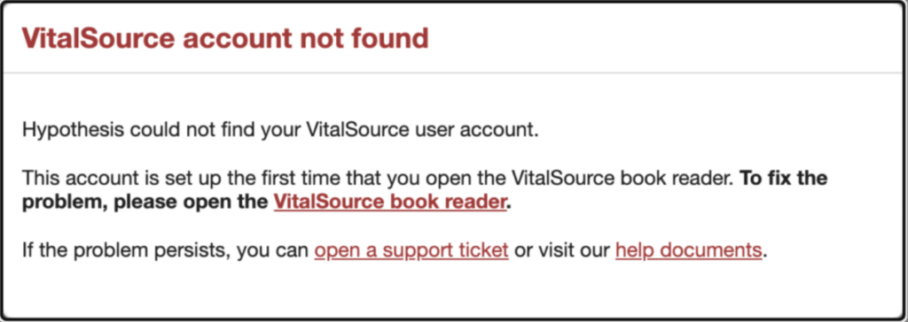 Dialog showing the error message 'VitalSource Account Not Found'